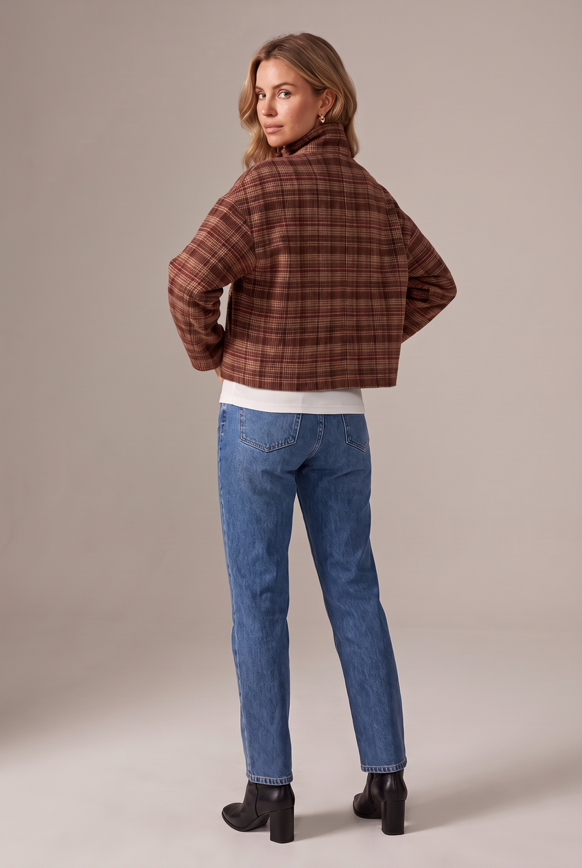 Kovelle checked stand collar jacket in brown check, back view on model