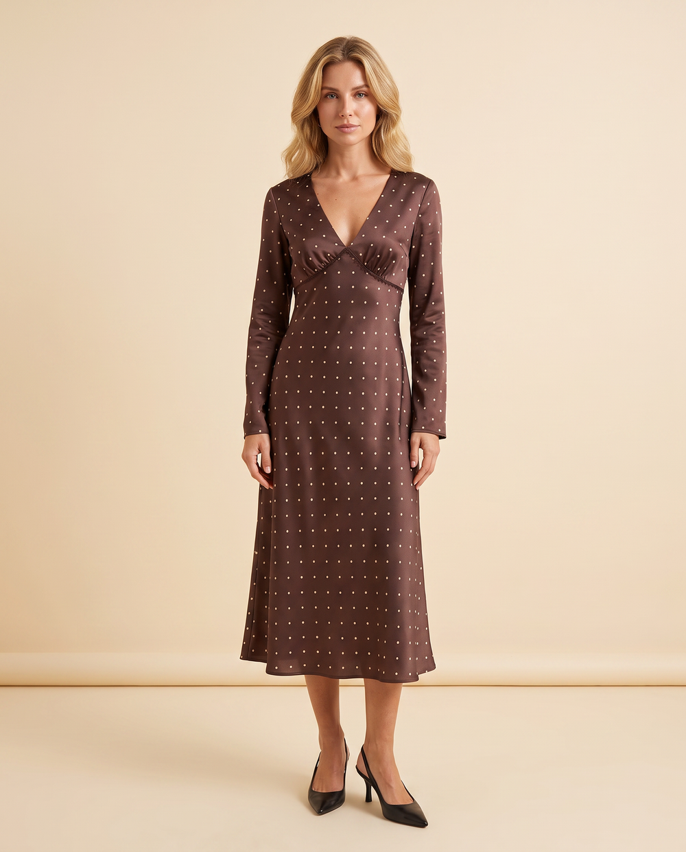 Kovelle brown polka dot satin midi dress, V neckline, front studio view on model