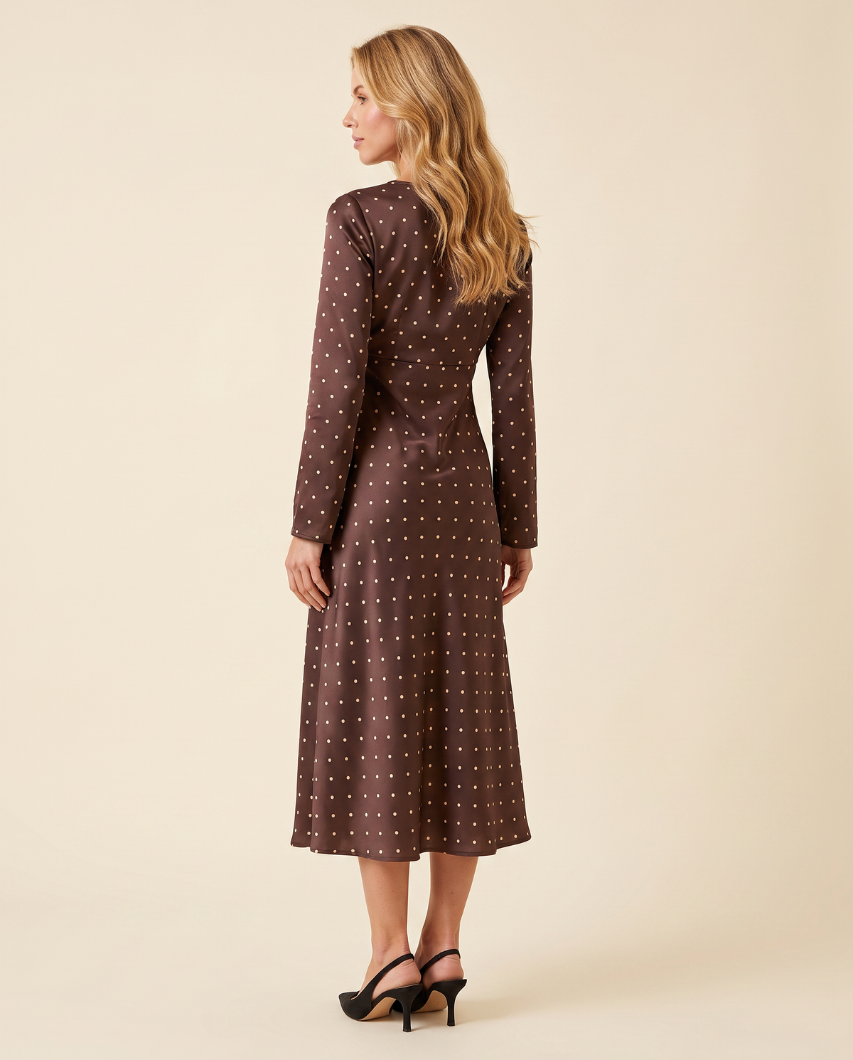 Kovelle polka dot satin midi dress back view, on model