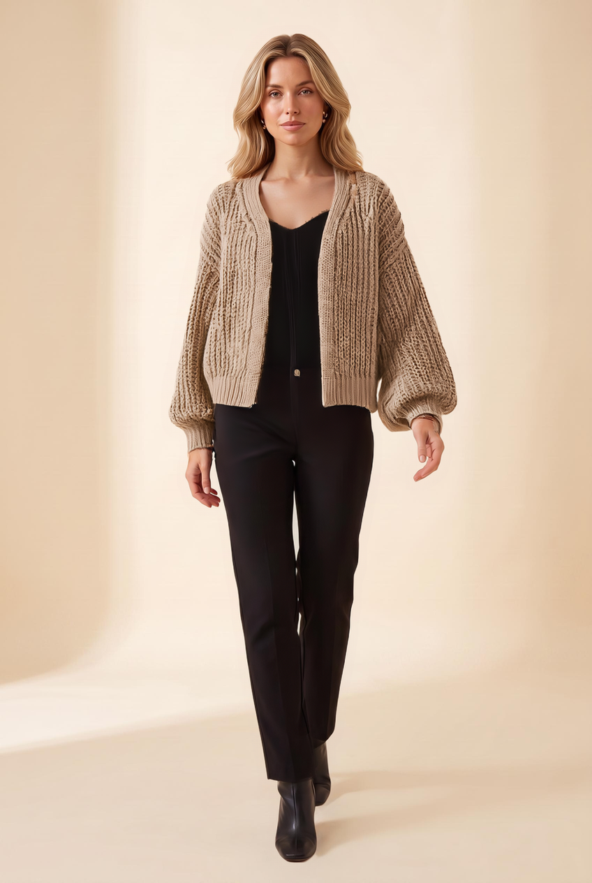 Kovelle chunky knit cardigan in doe, walking, full length on model