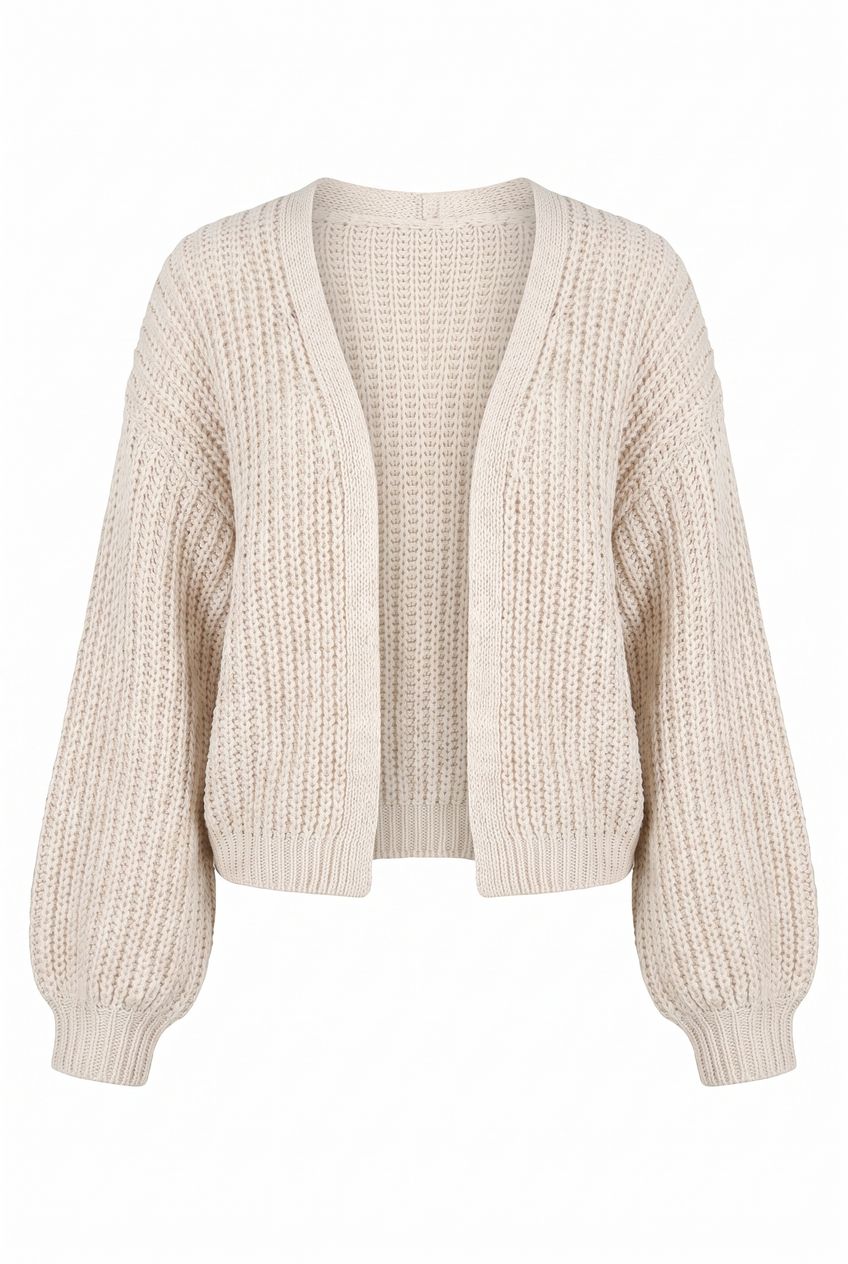 Kovelle chunky knit cardigan in oatmeal, flat product view