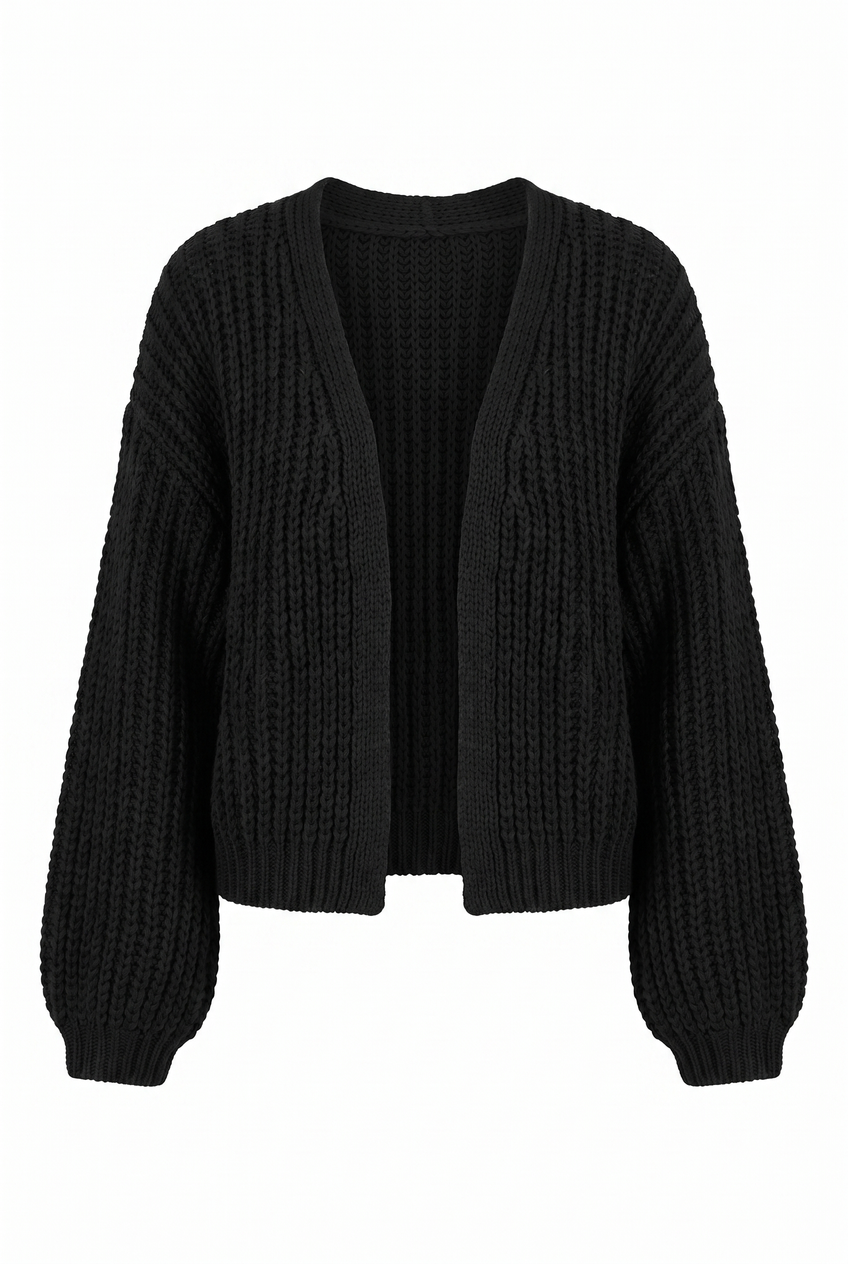 Kovelle chunky knit cardigan in black, flat product view