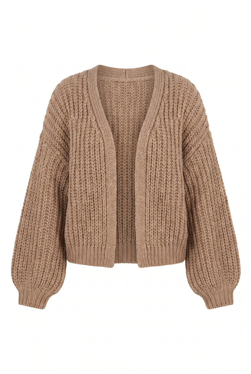 Kovelle chunky knit cardigan in doe, flat product view showing the full garment