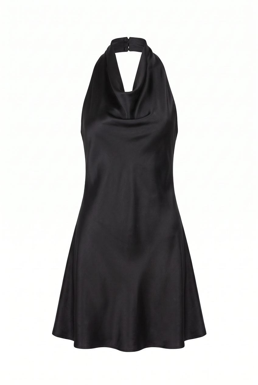 Kovelle cowl halter satin mini dress in black, flat product view