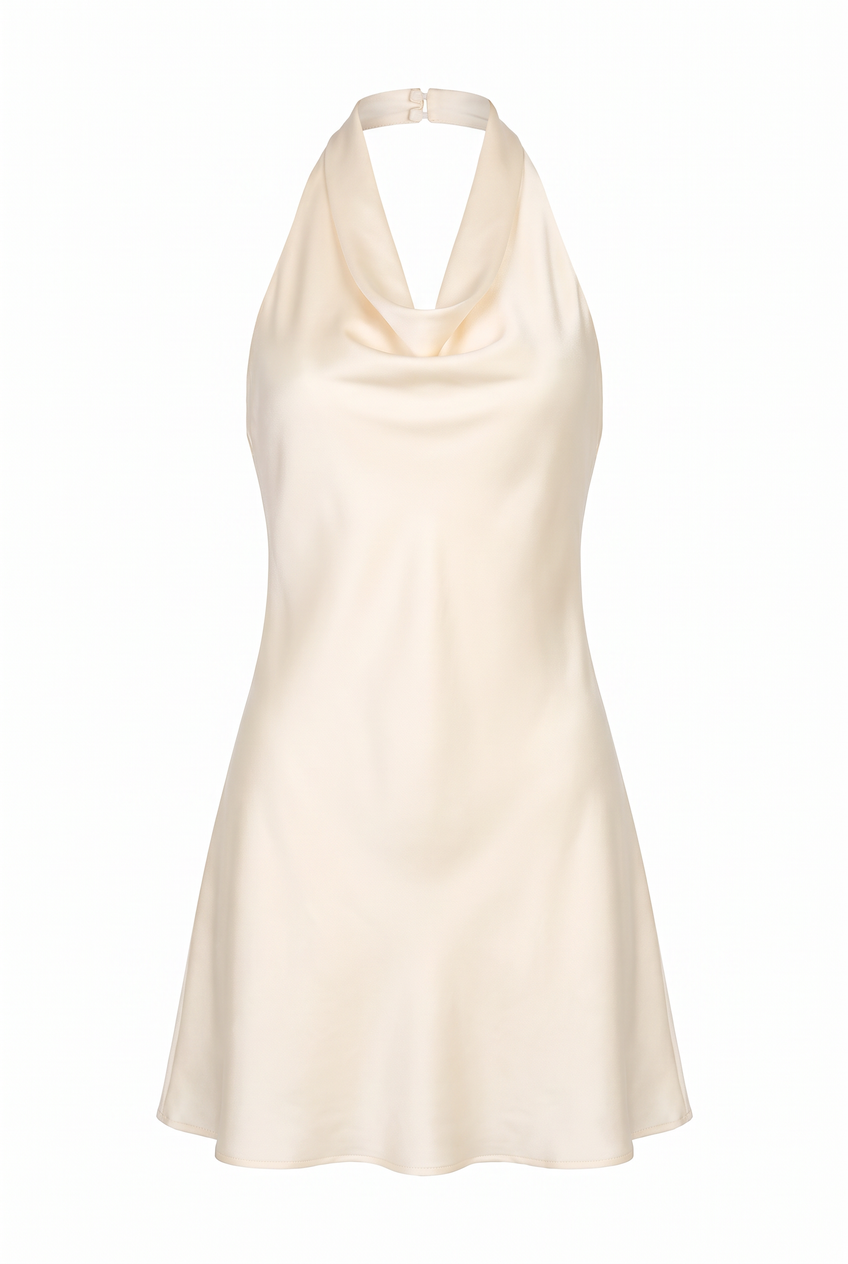Kovelle cowl halter satin mini dress in cream, flat product view showing the full garment