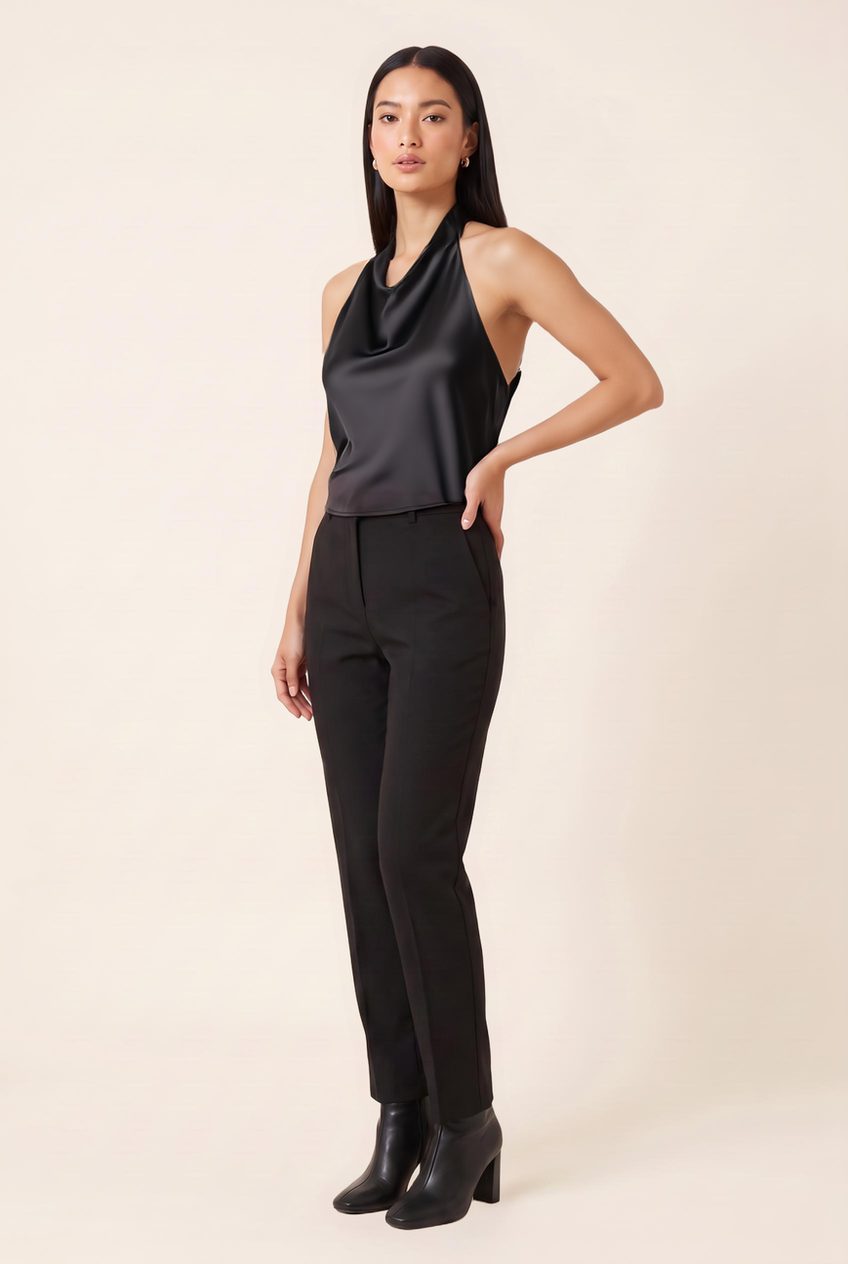 Kovelle cowl halter satin top in black, front view on model