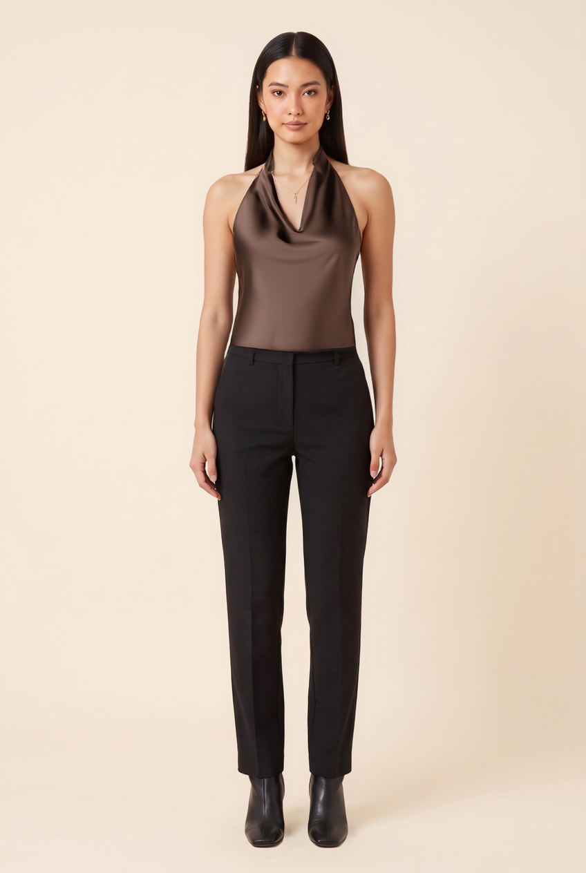 Kovelle cowl halter satin top in chocolate, front view on model