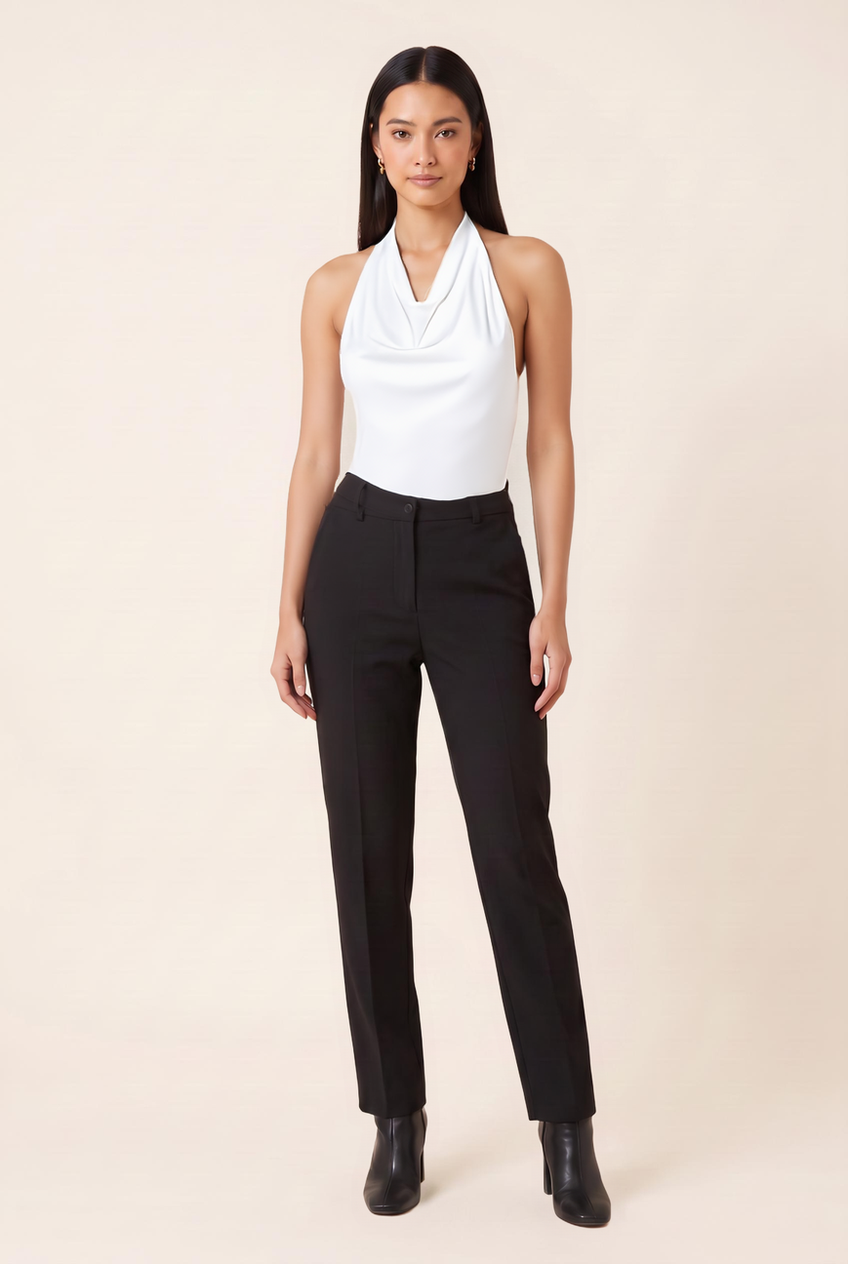 Kovelle cowl halter satin top in ivory, front view on model