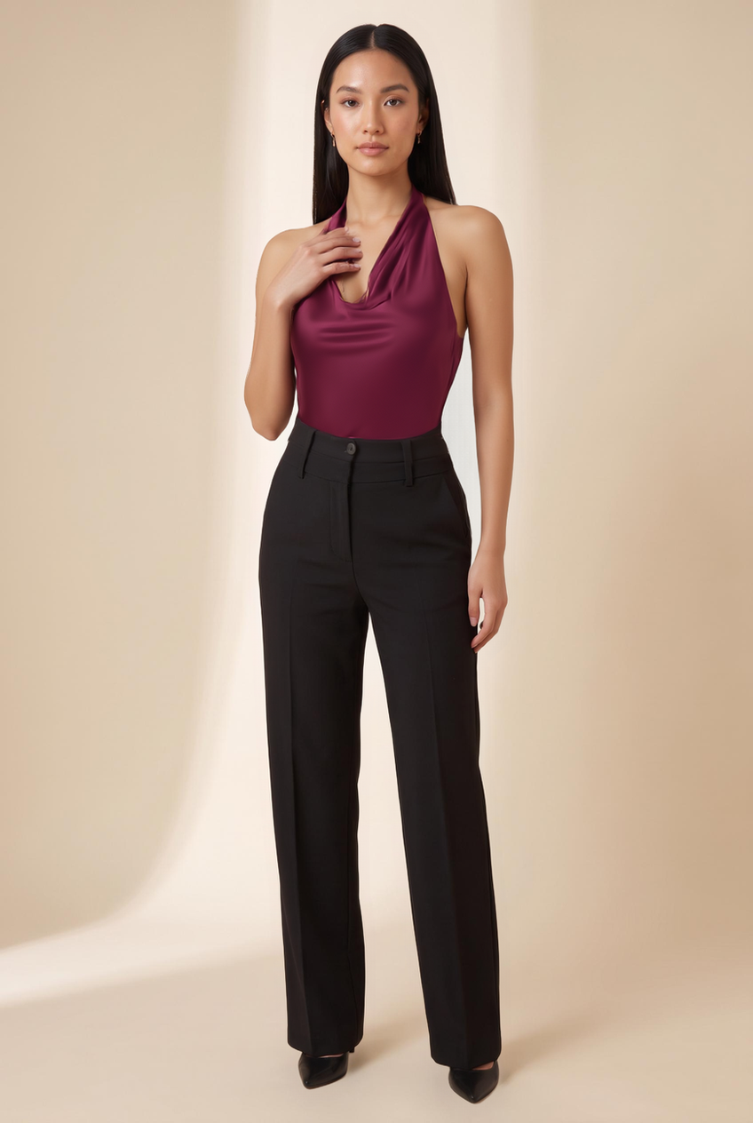 Kovelle cowl halter satin top in maroon, close-up detail on model