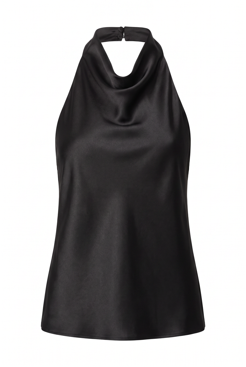 Kovelle cowl halter satin top in black, flat product view