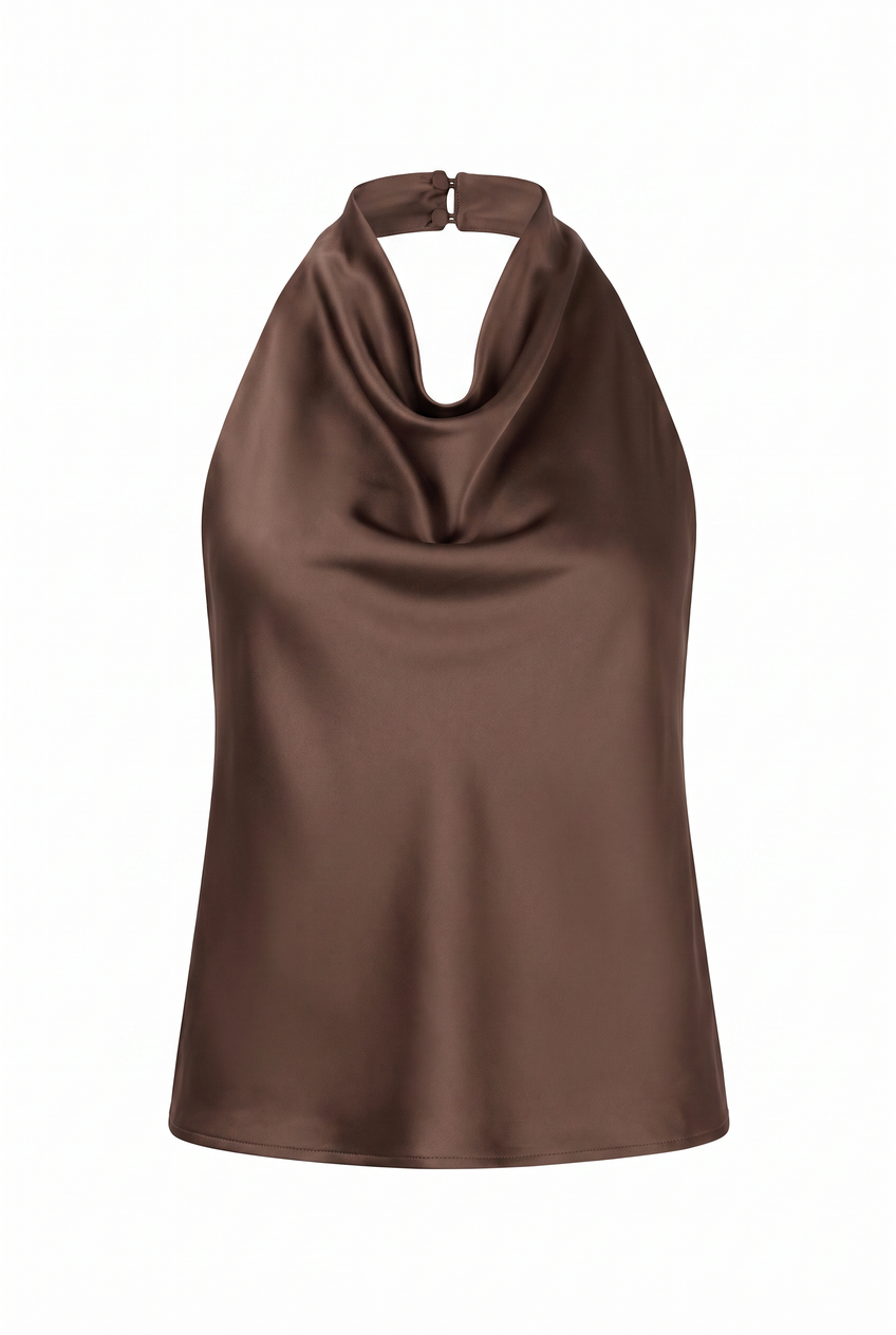 Kovelle cowl halter satin top in chocolate, flat product view