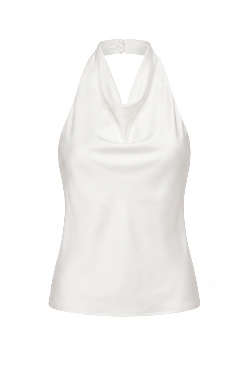 Kovelle cowl halter satin top in ivory, flat product view