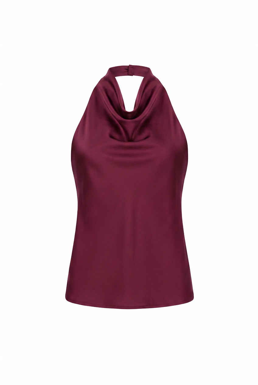 Kovelle cowl halter satin top in maroon, flat product view showing the full garment