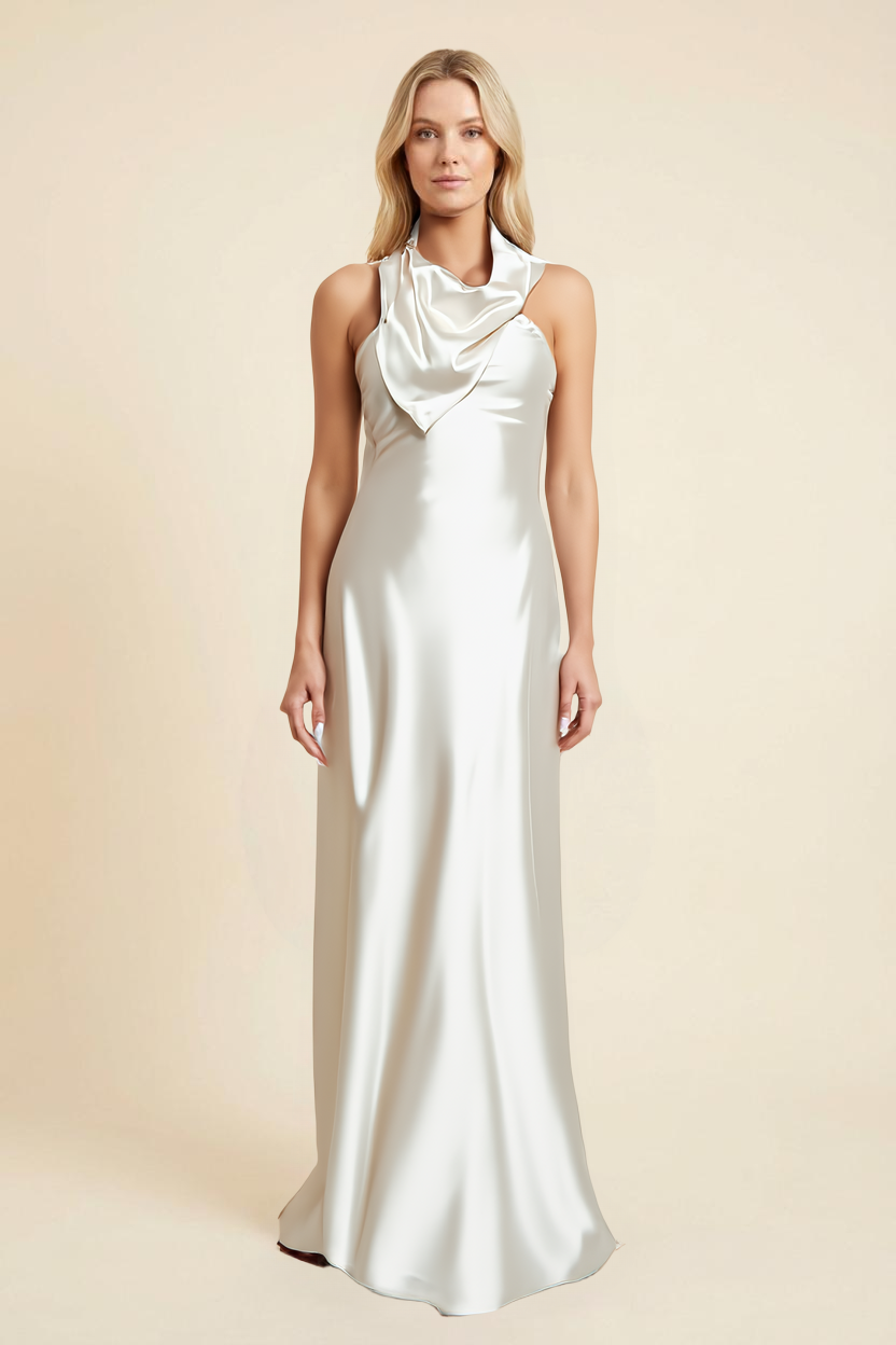 Kovelle cowl-neck satin halter maxi dress in champagne, draped cowl neckline front, on model