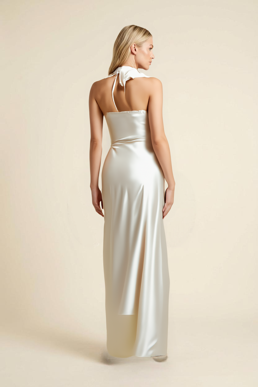 Kovelle cowl-neck satin halter maxi dress in champagne, open halter back, on model