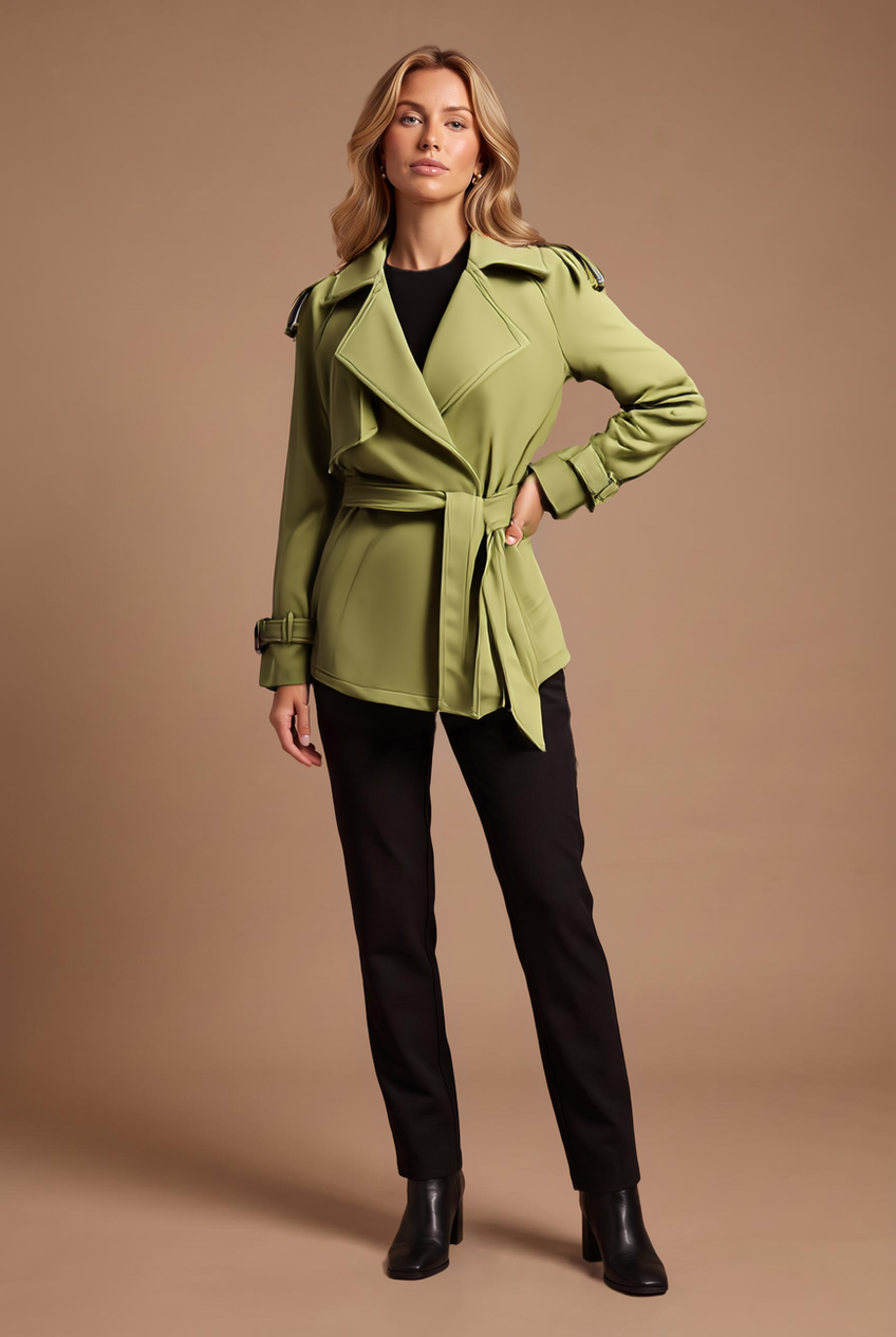 Kovelle cropped belted trench coat in olive, front view on model