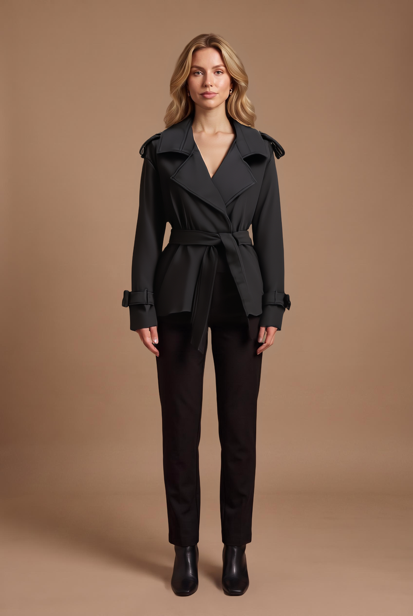 Kovelle cropped belted trench coat in black, front view on model