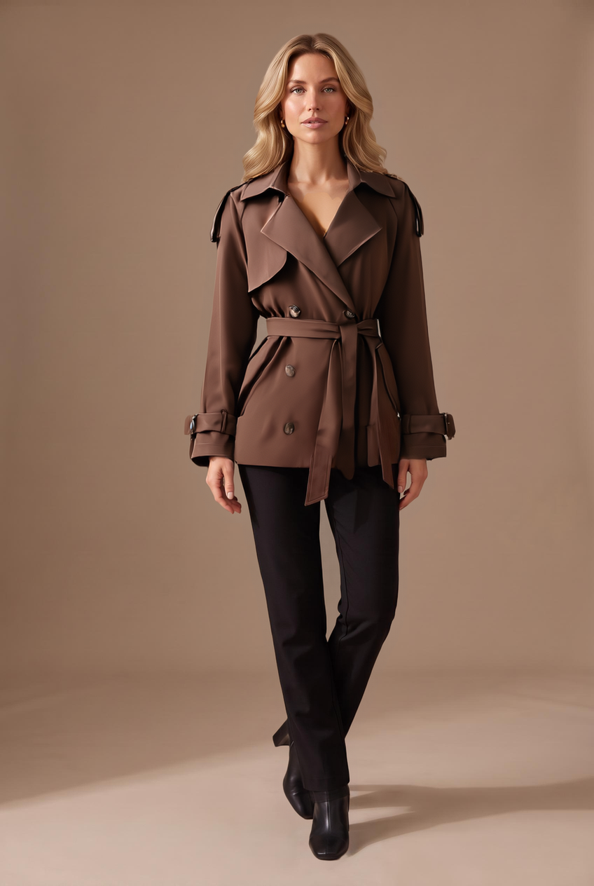 Kovelle cropped belted trench coat in chocolate, front view on model