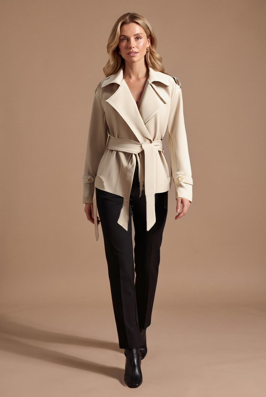 Kovelle cropped belted trench coat in stone, walking, full length on model