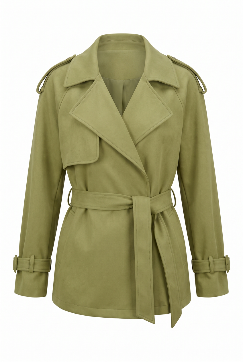 Kovelle cropped belted trench coat in olive, flat product view