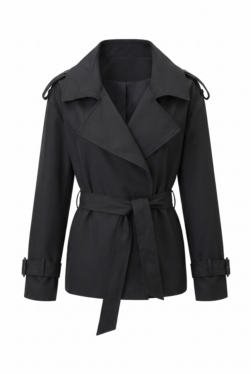 Kovelle cropped belted trench coat in black, flat product view