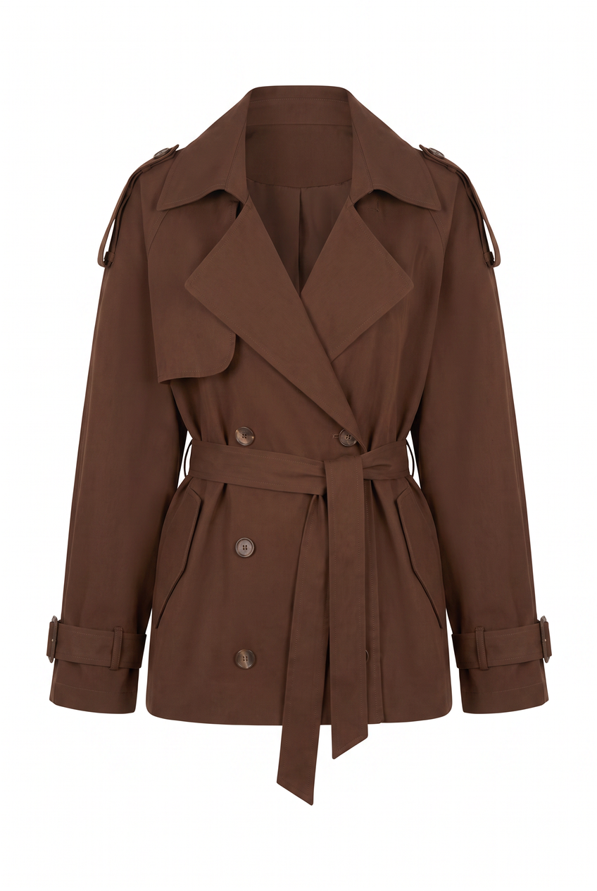 Kovelle cropped belted trench coat in chocolate, flat product view