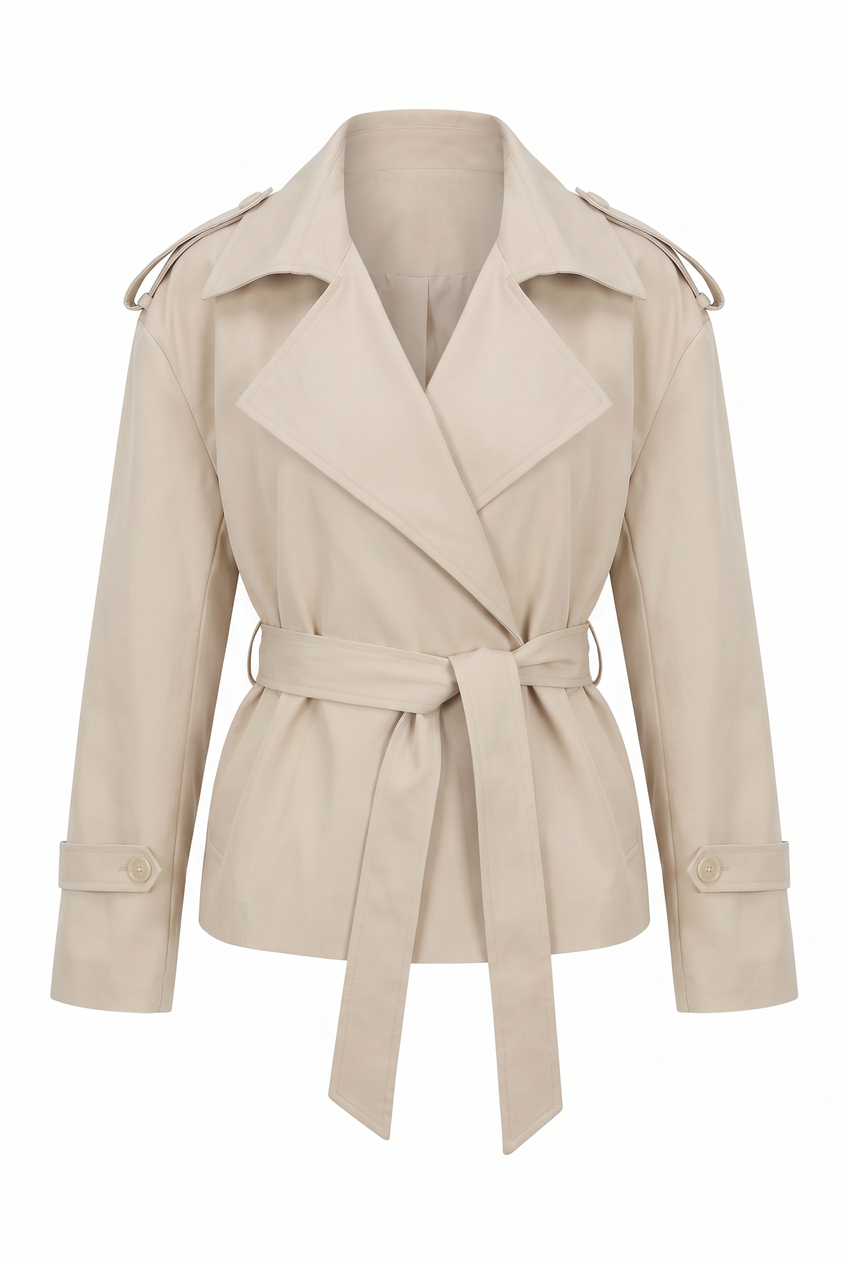 Kovelle cropped belted trench coat in stone, flat product view showing the full garment