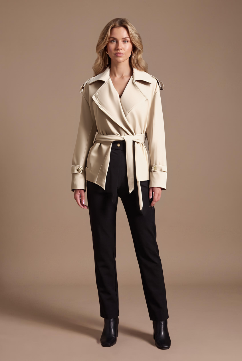 Kovelle cropped belted trench coat in stone, front view on model