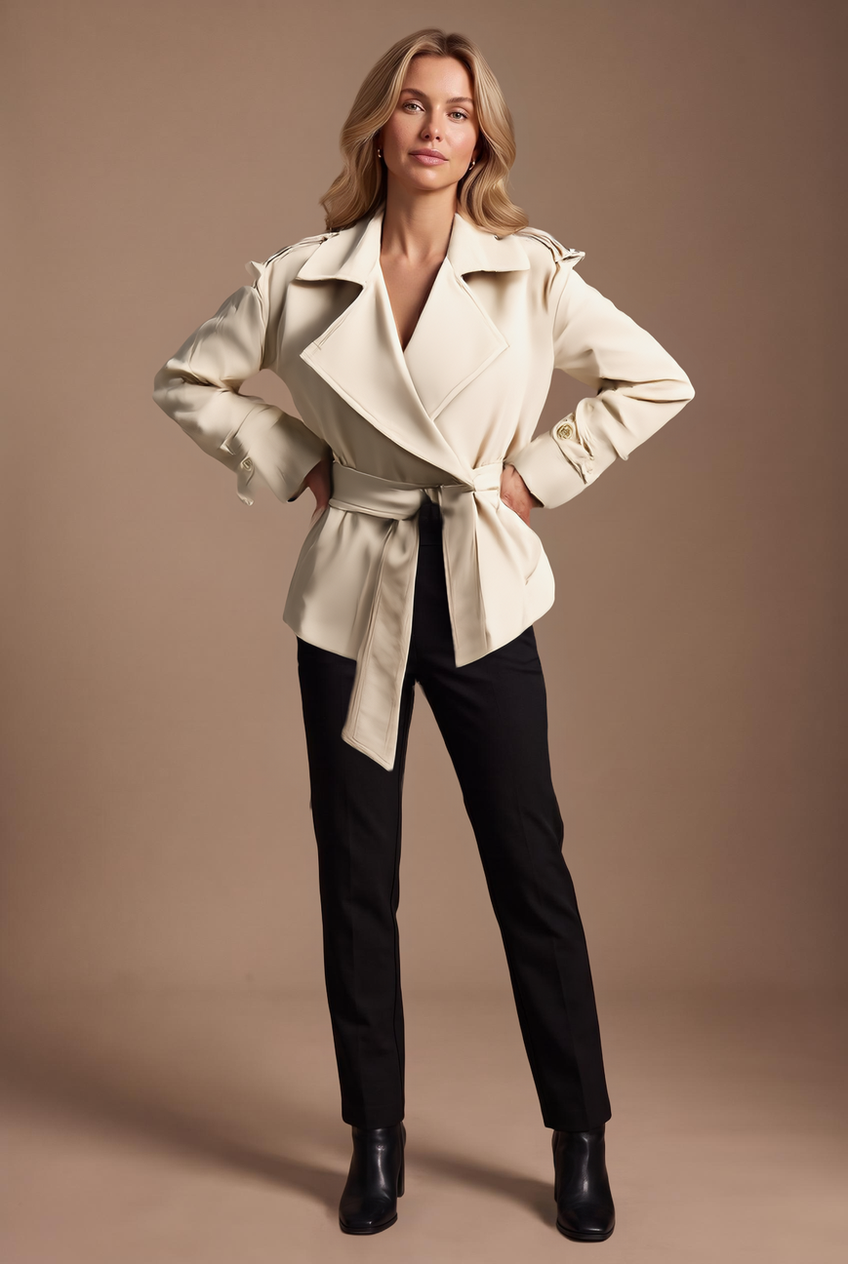 Kovelle cropped belted trench coat in stone, back view on model