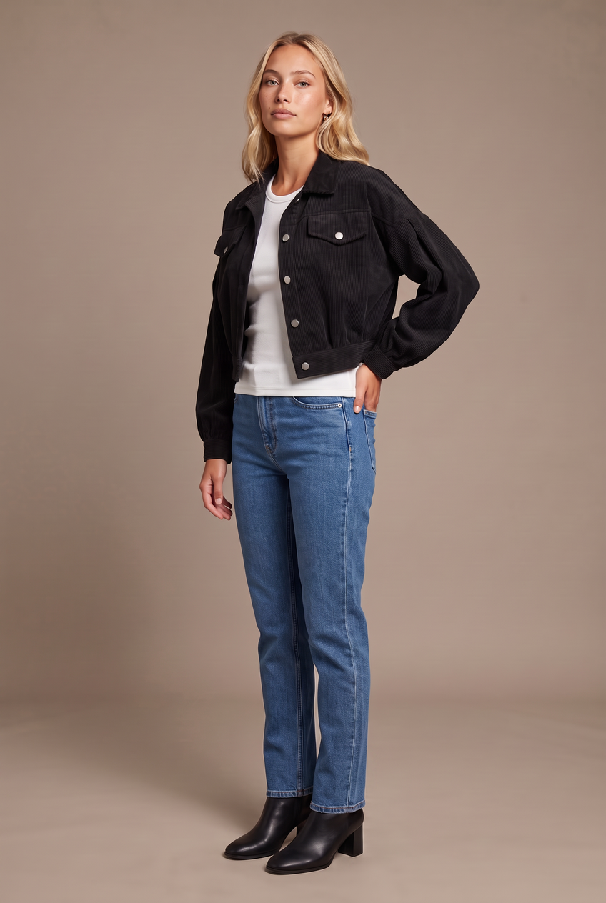 Kovelle cropped corduroy jacket in black, front view on model