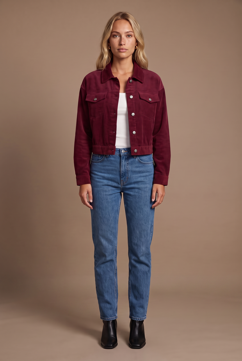 Kovelle cropped corduroy jacket in burgundy, front view on model
