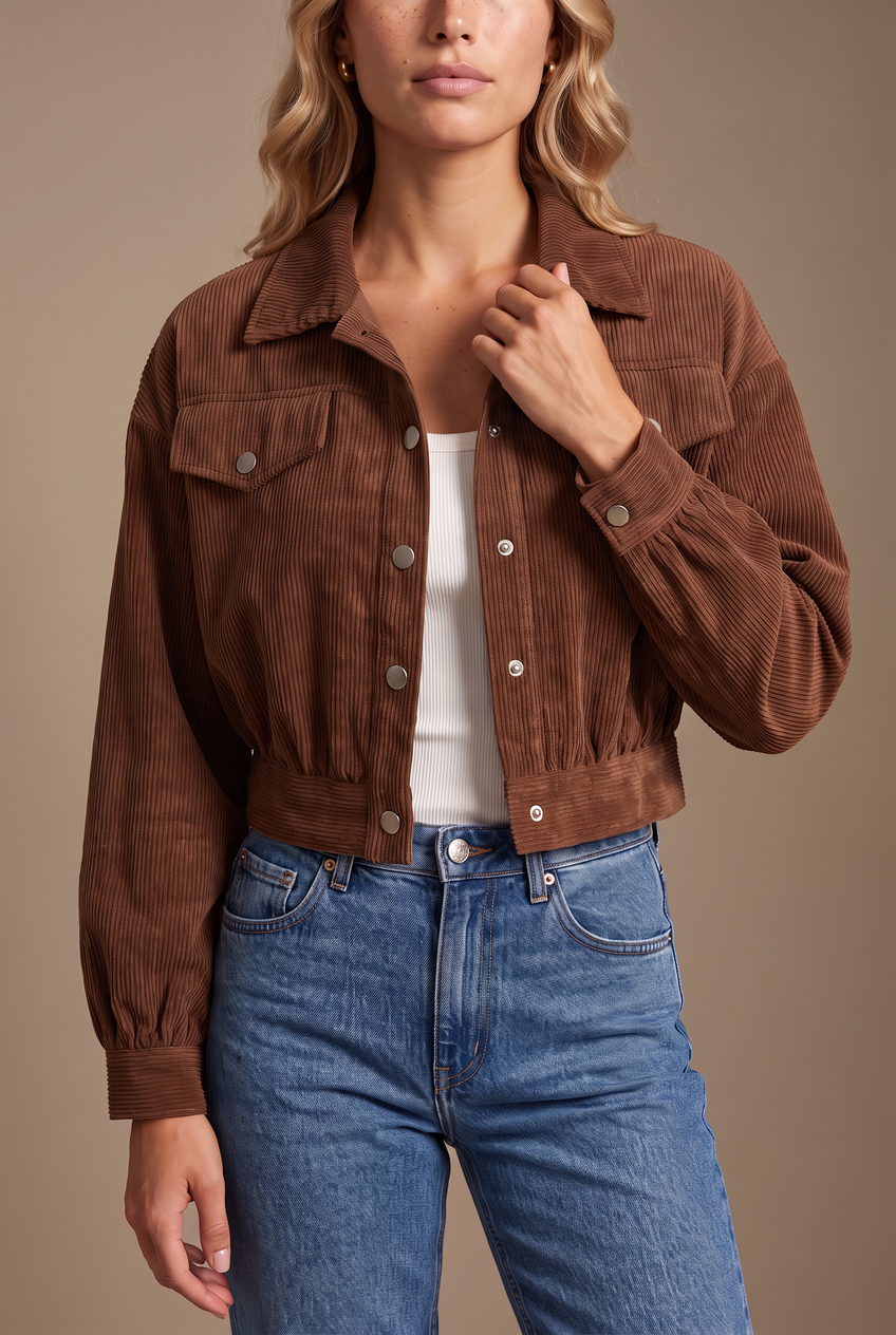Kovelle cropped corduroy jacket in walnut, close-up detail on model