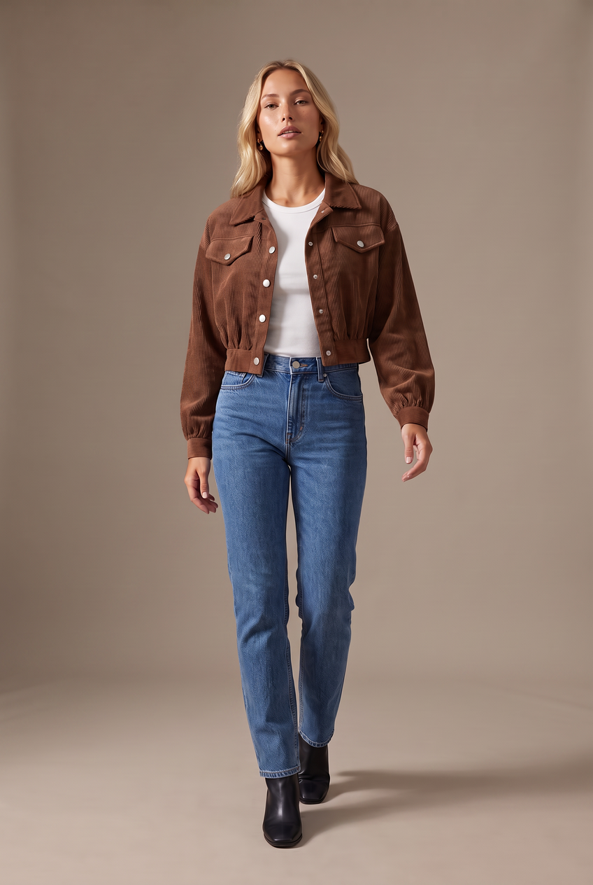 Kovelle cropped corduroy jacket in walnut, walking, full length on model