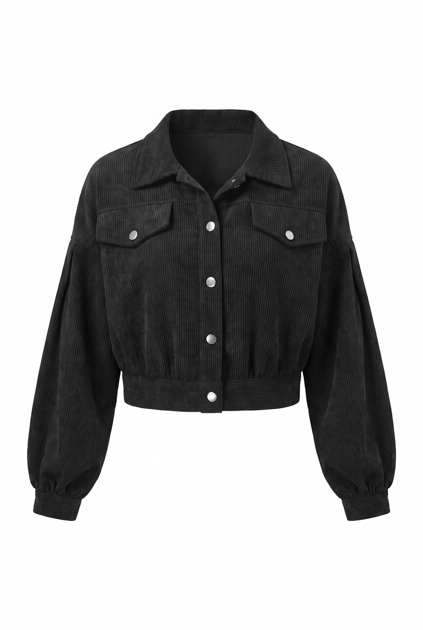 Kovelle cropped corduroy jacket in black, flat product view