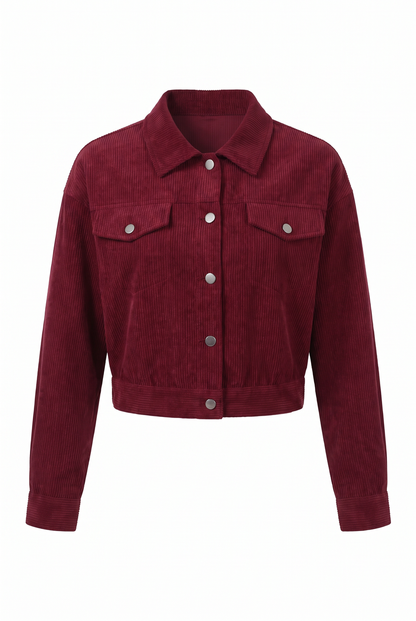 Kovelle cropped corduroy jacket in burgundy, flat product view