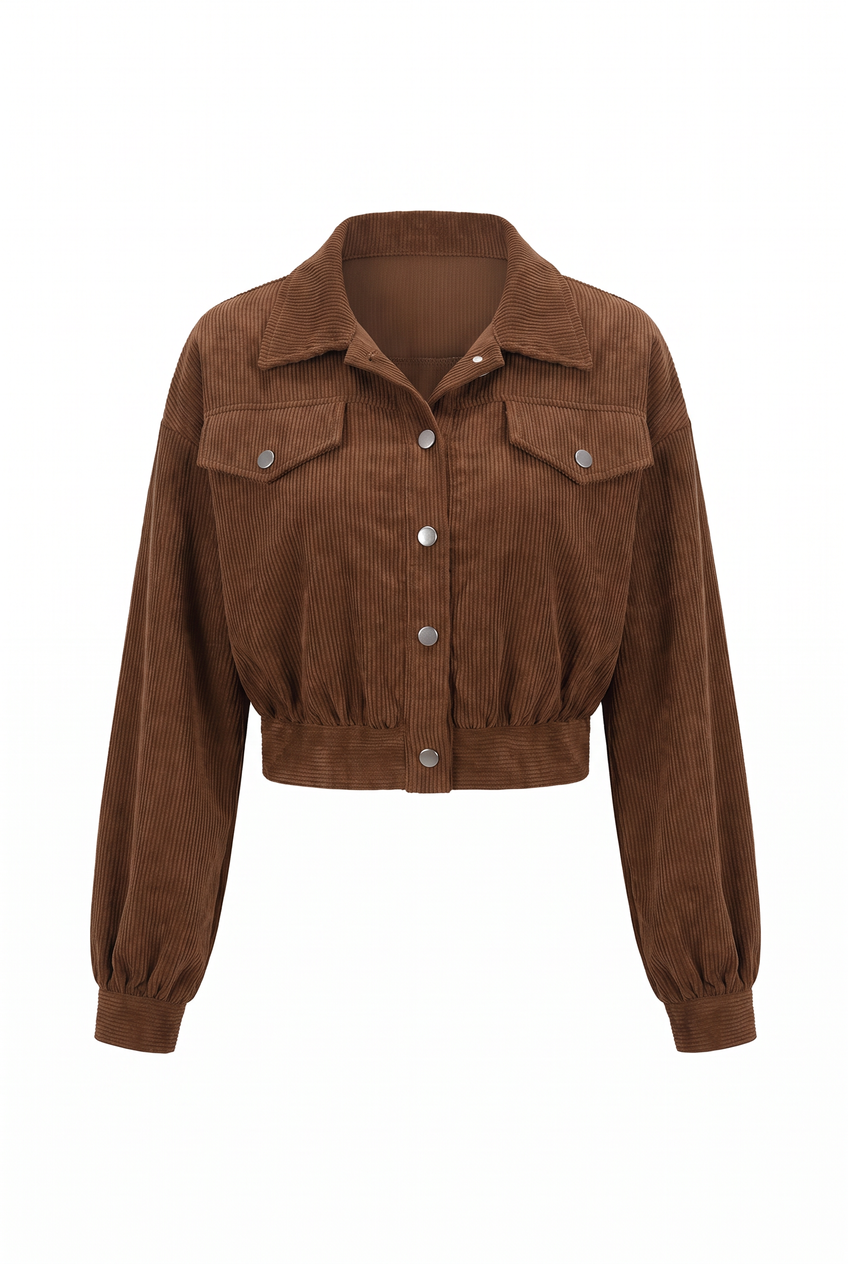 Kovelle cropped corduroy jacket in walnut, flat product view showing the full garment