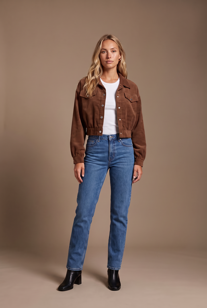 Kovelle cropped corduroy jacket in walnut, front view on model