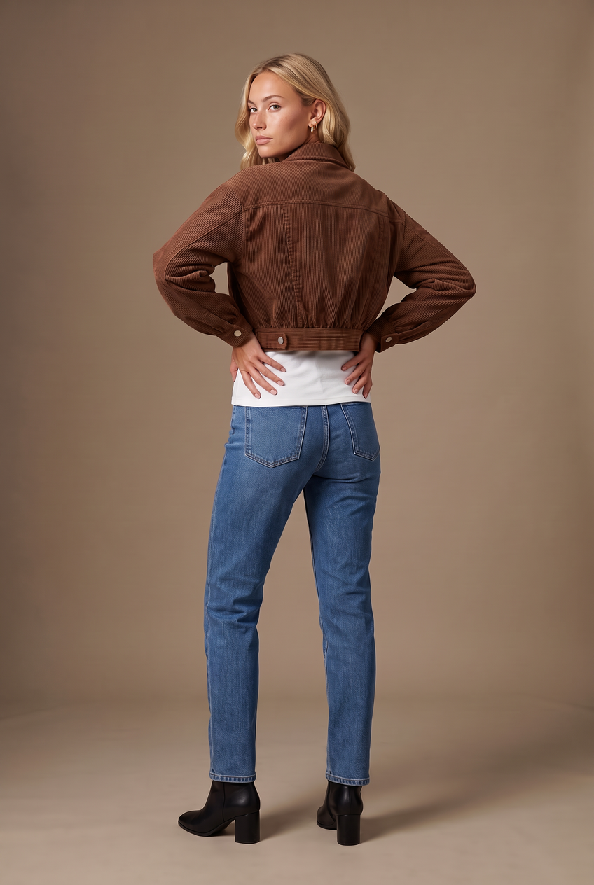 Kovelle cropped corduroy jacket in walnut, back view on model