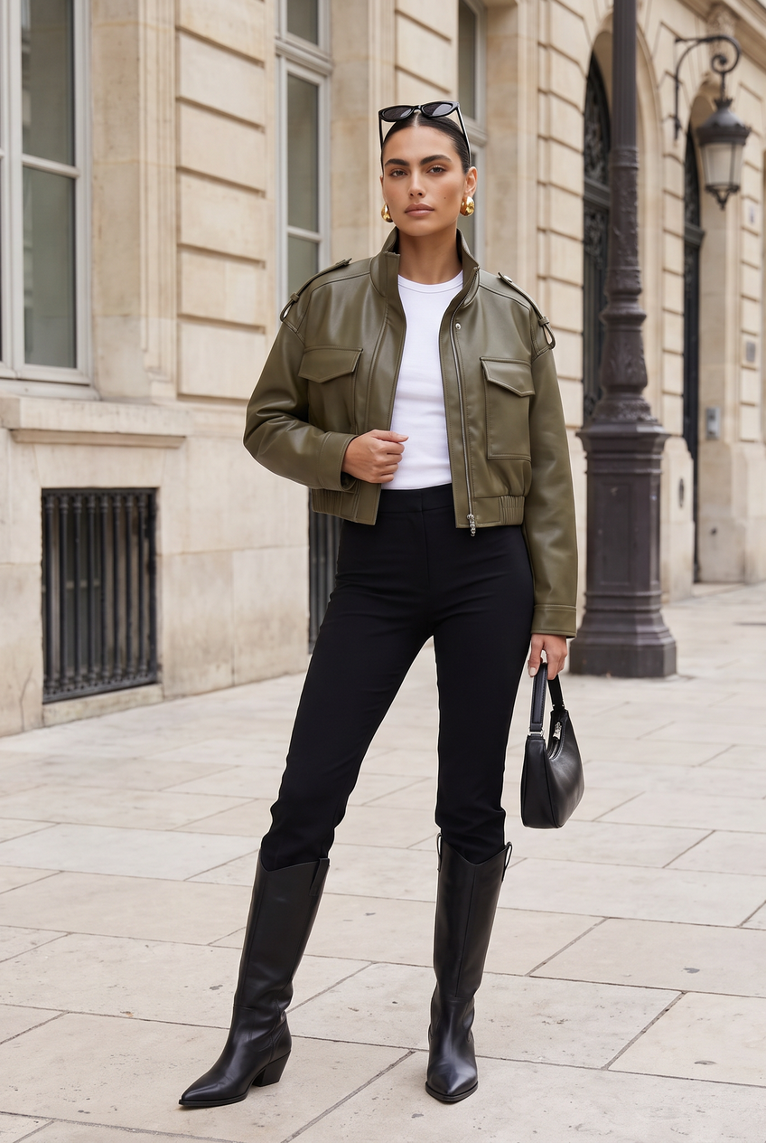 Kovelle cropped faux leather jacket in khaki, full length on model