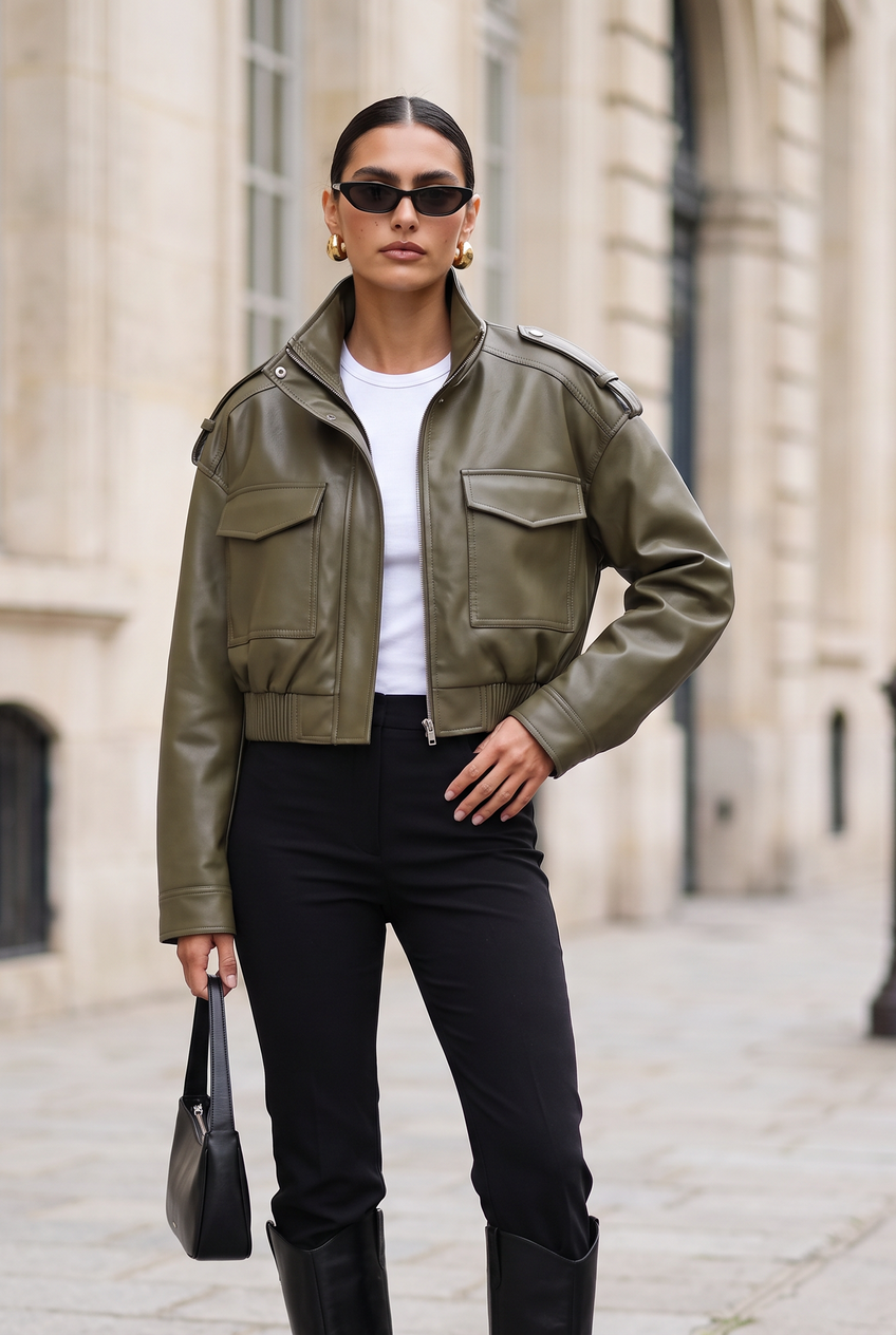 Kovelle cropped faux leather jacket in khaki, three-quarter view on model