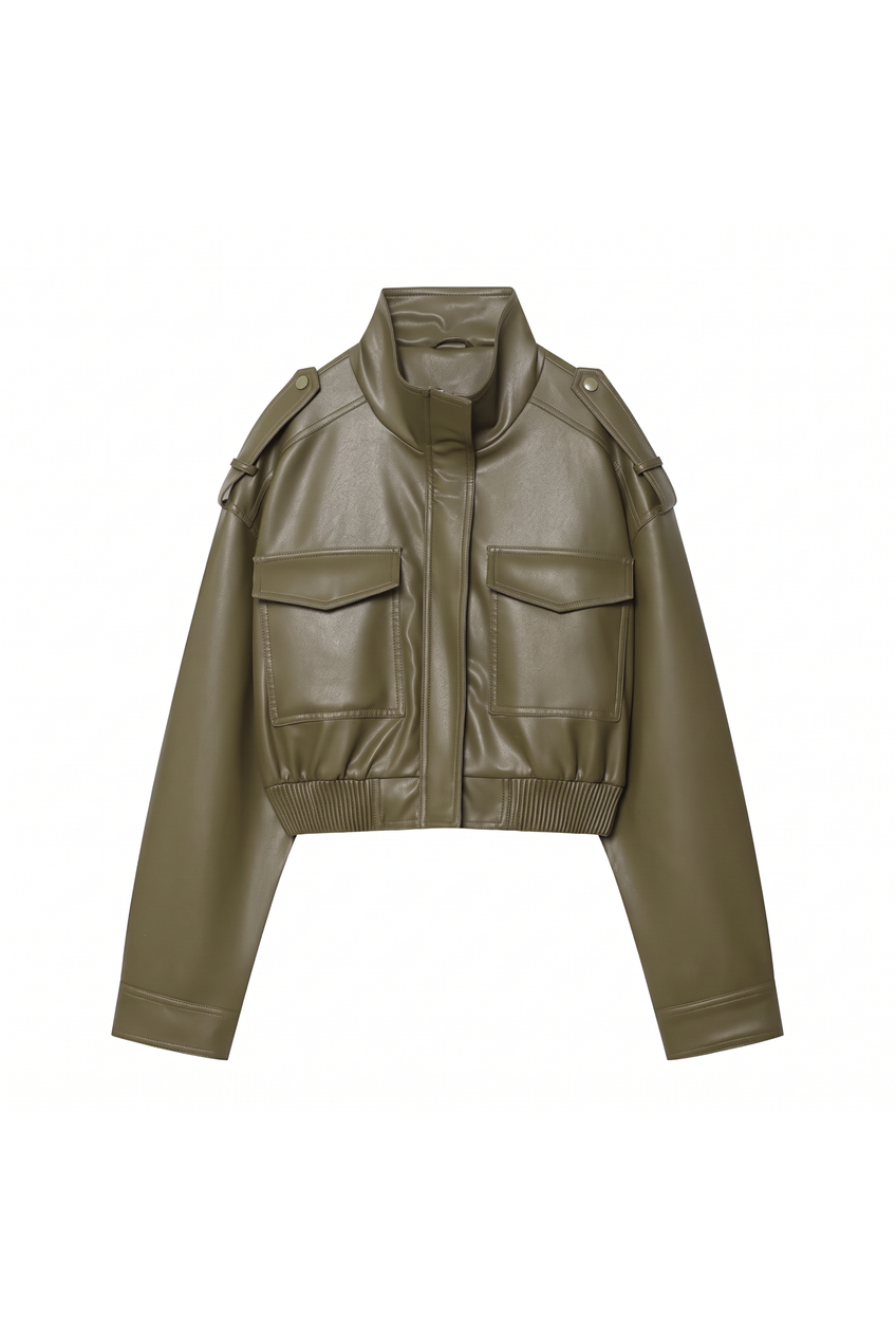 Kovelle cropped faux leather jacket in khaki, flat product view showing the full garment