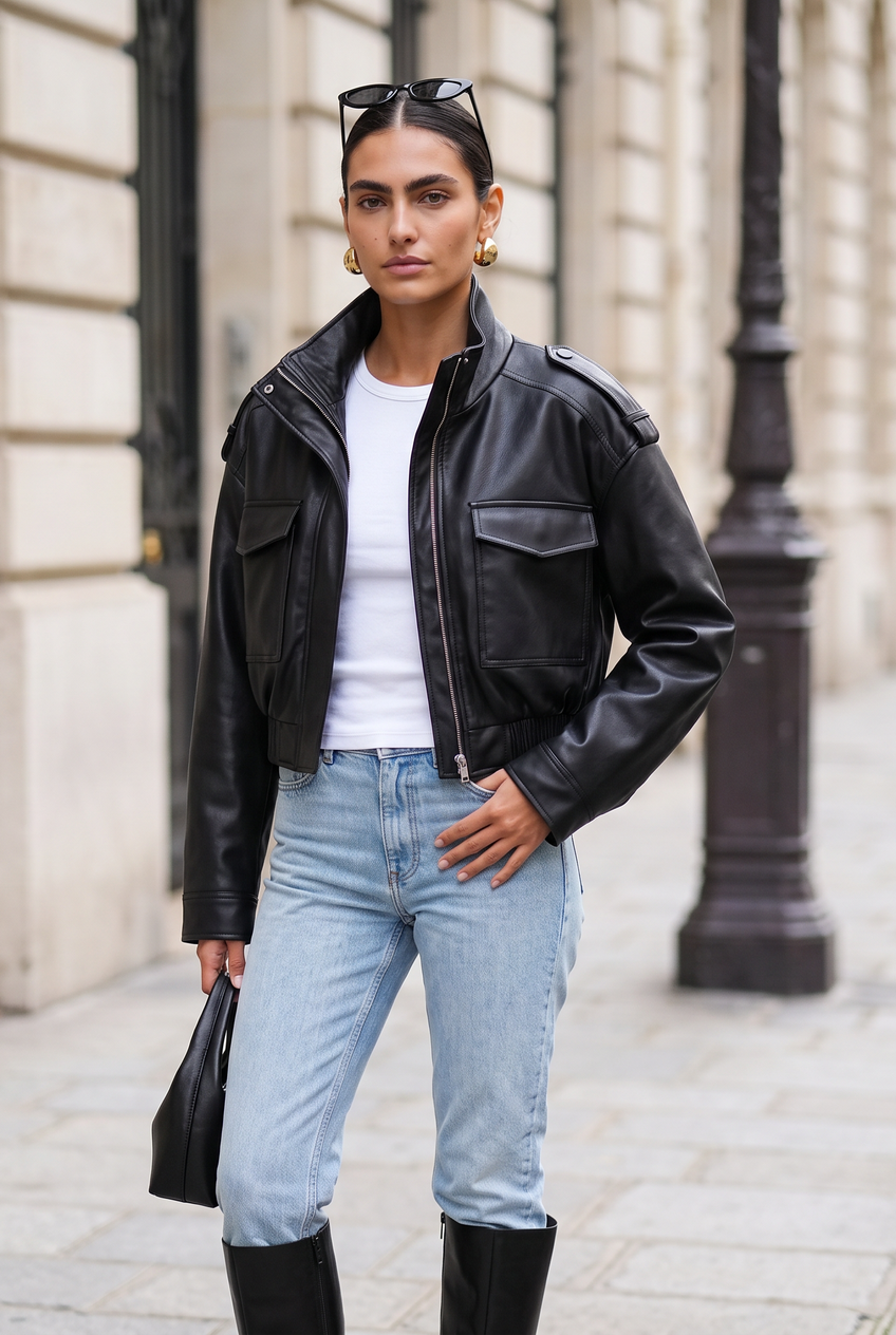 Kovelle cropped faux leather jacket in black, front view on model
