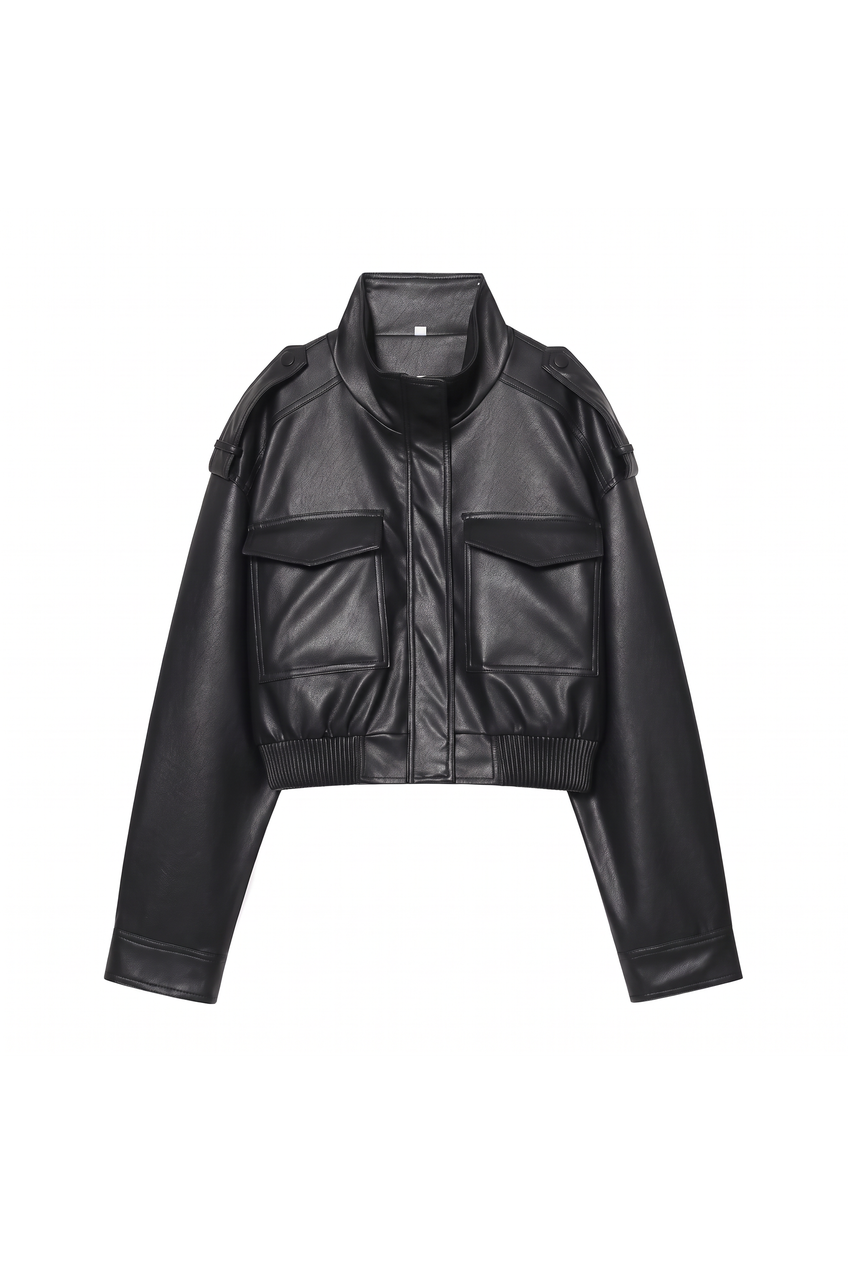 Kovelle cropped faux leather jacket in black, flat product view