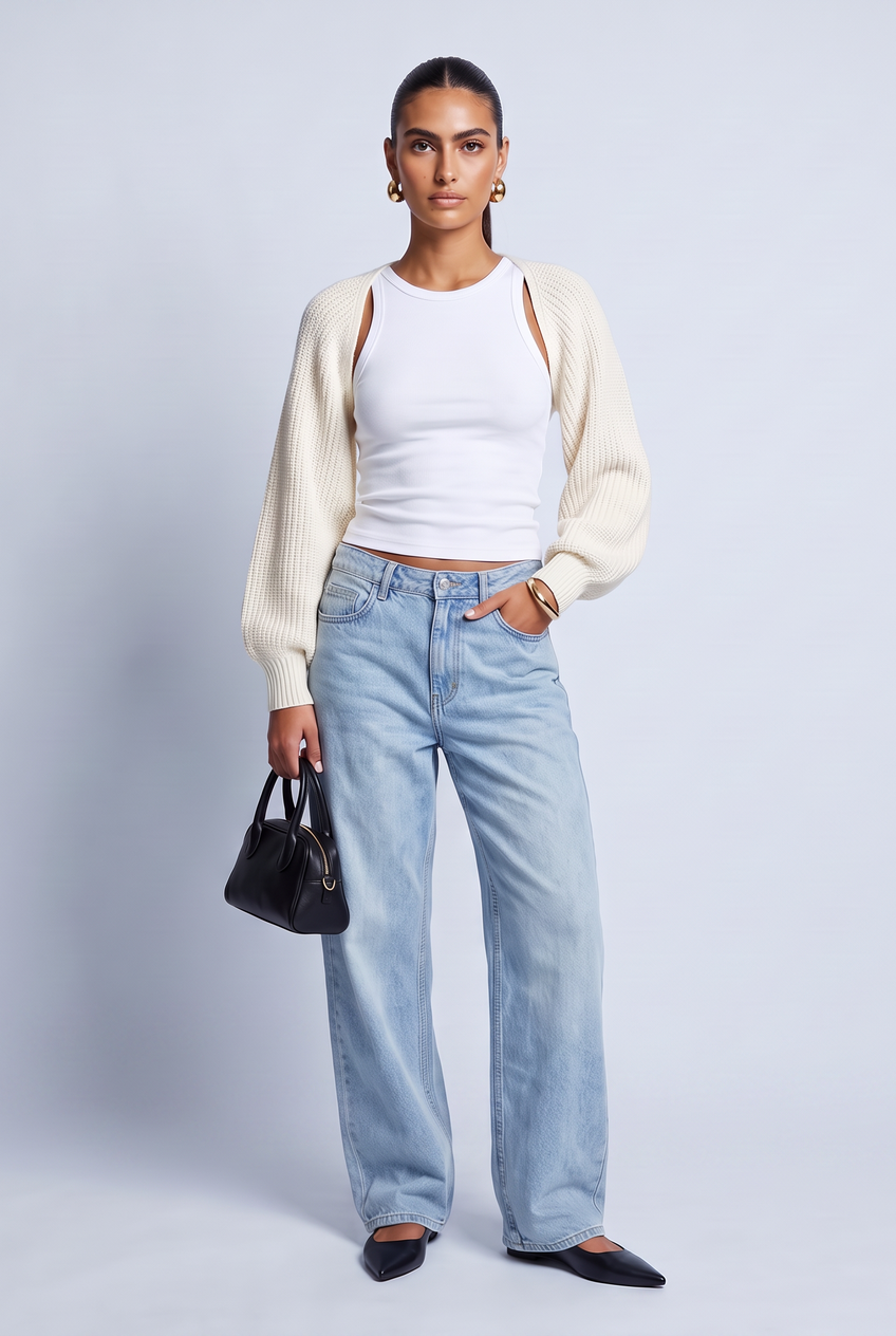 Kovelle cropped knit bolero in white, front view on model