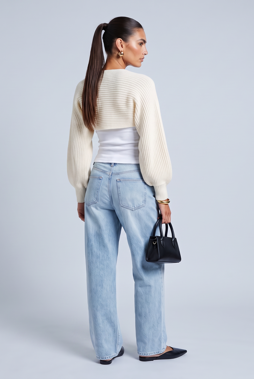 Kovelle cropped knit bolero in white, back view on model