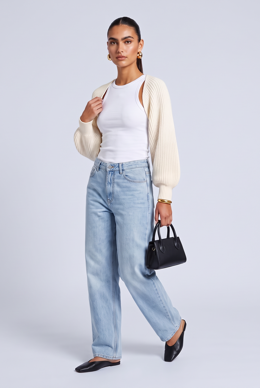 Kovelle cropped knit bolero in white, full length on model