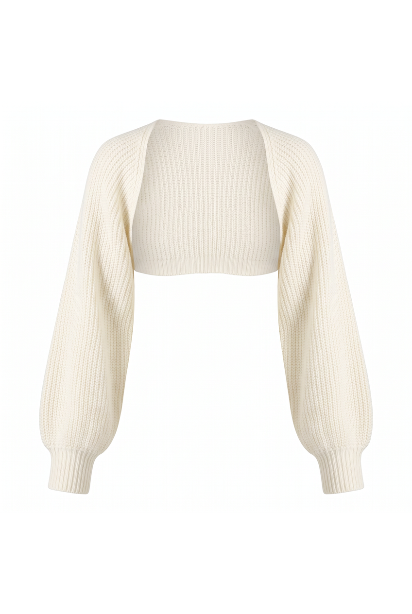 Kovelle cropped knit bolero in white, flat product view showing the full garment