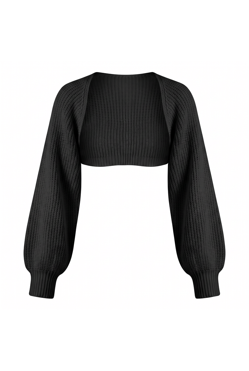 Kovelle cropped knit bolero in black, flat product view