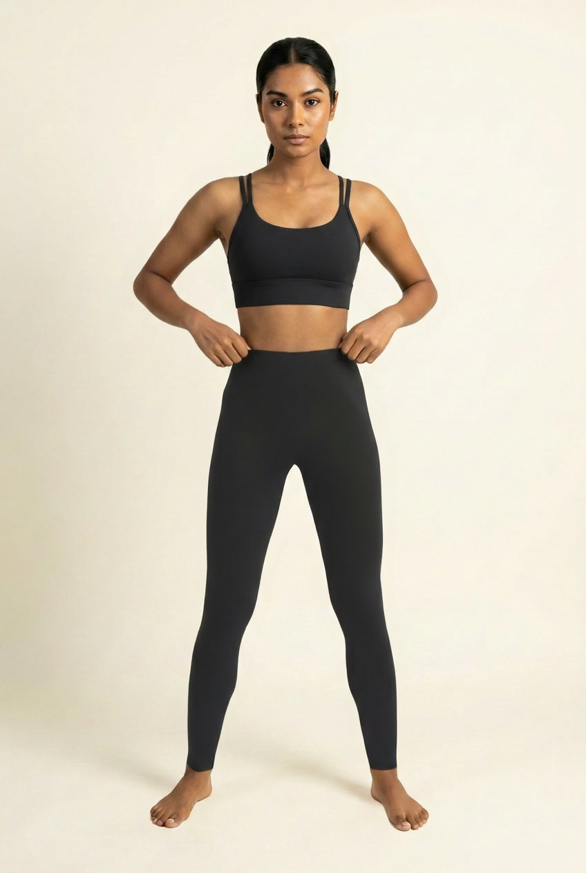 Kovelle cross back leggings set in black, scoop neck bra and high waist leggings, front on model
