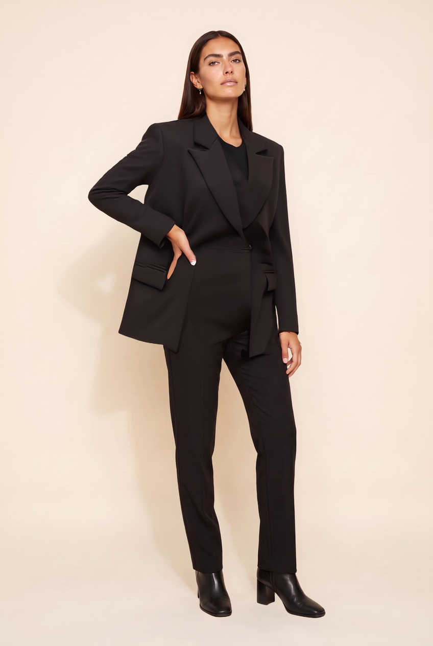 Kovelle double-breasted blazer in black, front view on model
